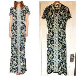 Tory Burch Garden Wisteria Silk Floral Maxi Dress with Mandarin Collar Size 2